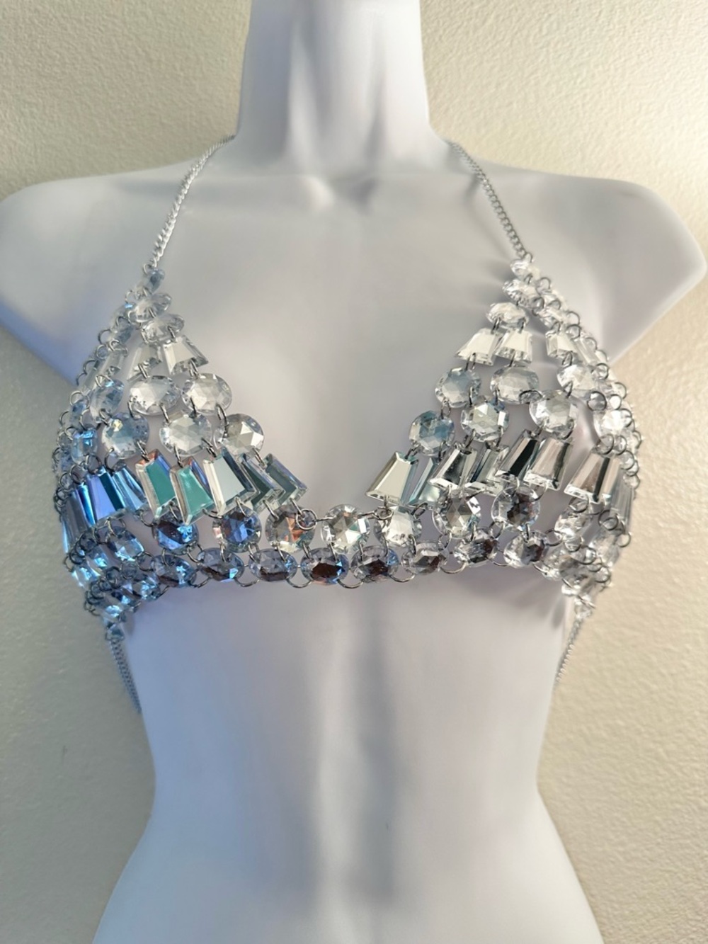 Crystal Rhinestone Body Chain Bra Top Silver tone Festival Rave One Size